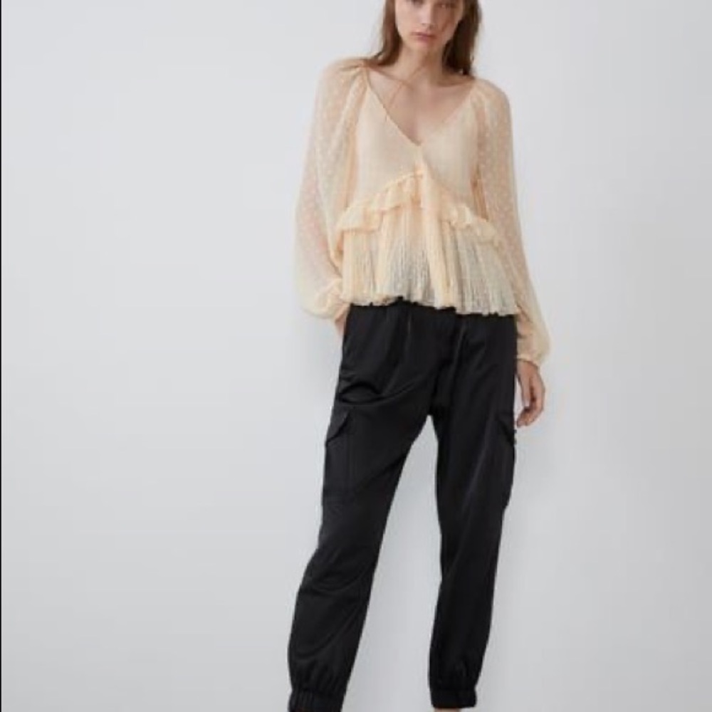 Zara Swiss Dot Ruffled Blouse - Black